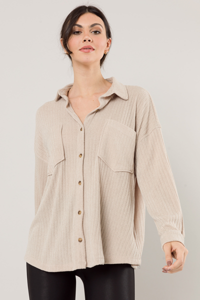 Stretchy Rib Button Up, Taupe