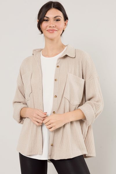 Stretchy Rib Button Up, Taupe