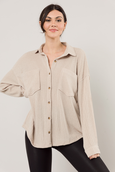Stretchy Rib Button Up, Taupe