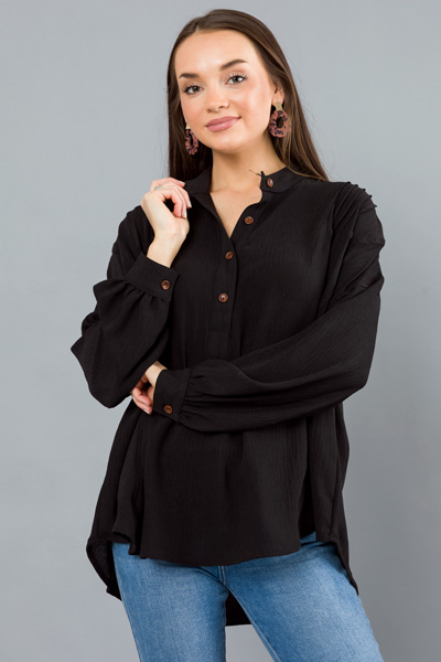 Tammy Half Button Top, Black