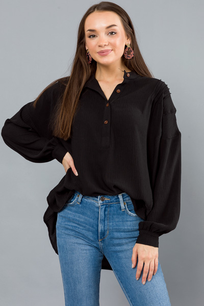 Tammy Half Button Top, Black