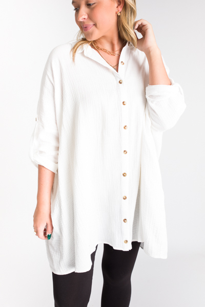 Gauze Oversize Button Up, White