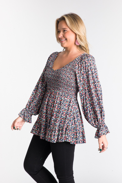 Black Floral V Smock Top