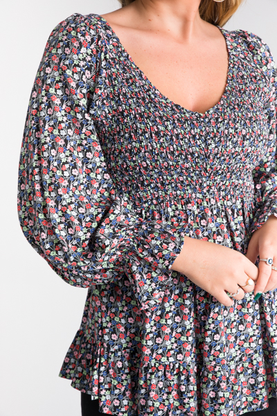 Black Floral V Smock Top