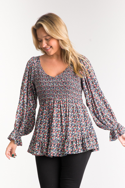 Black Floral V Smock Top