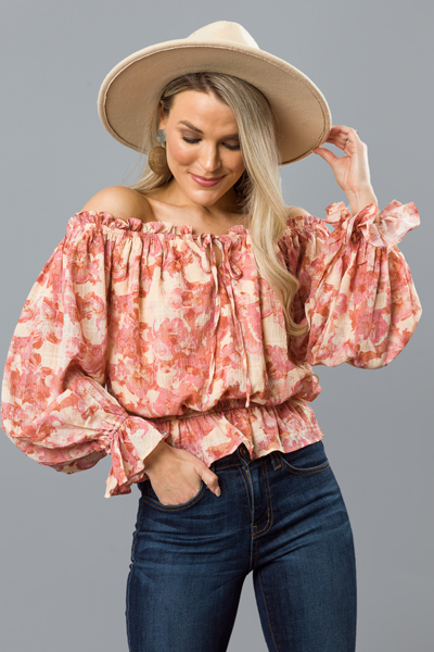 Floral Crop Blouse, Cream