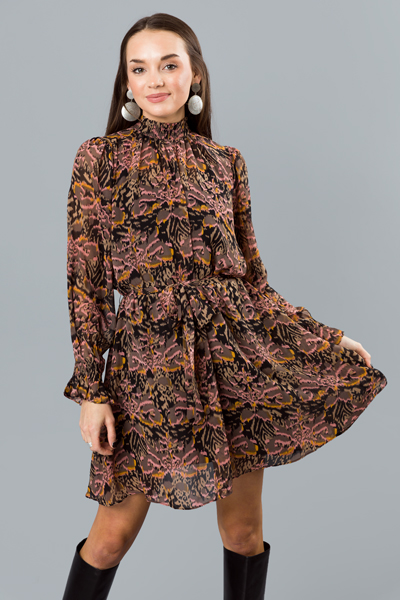 Tie Belt Printed Dress, Brown