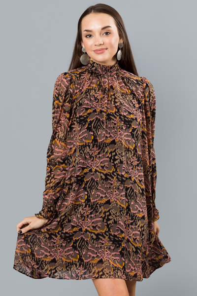 Tie Belt Printed Dress, Brown