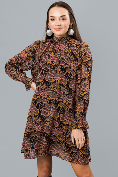 Tie Belt Printed Dress, Brown