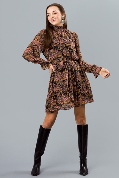 Tie Belt Printed Dress, Brown