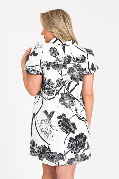 Straw Belt Dress, Black Floral