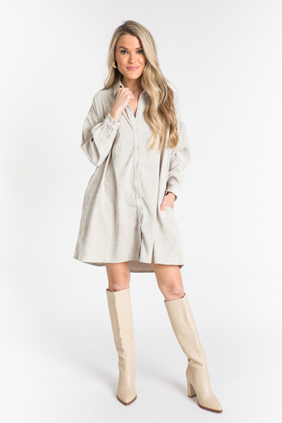 Corduroy Shirt Dress, Light Grey