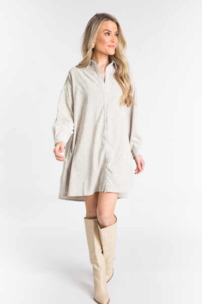 Corduroy Shirt Dress, Light Grey