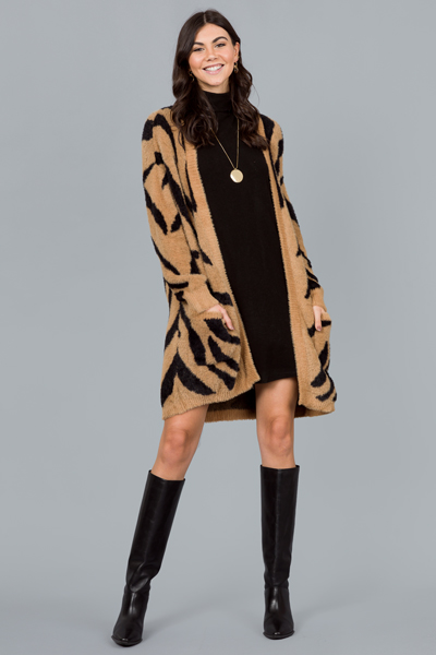 Fuzzy Tiger Cardi, Camel/Black