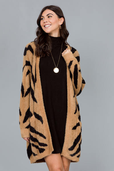 Fuzzy Tiger Cardi, Camel/Black