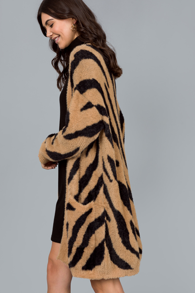 Fuzzy Tiger Cardi, Camel/Black