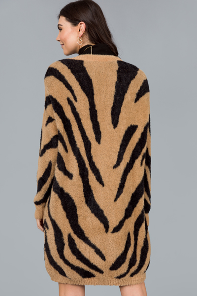 Fuzzy Tiger Cardi, Camel/Black