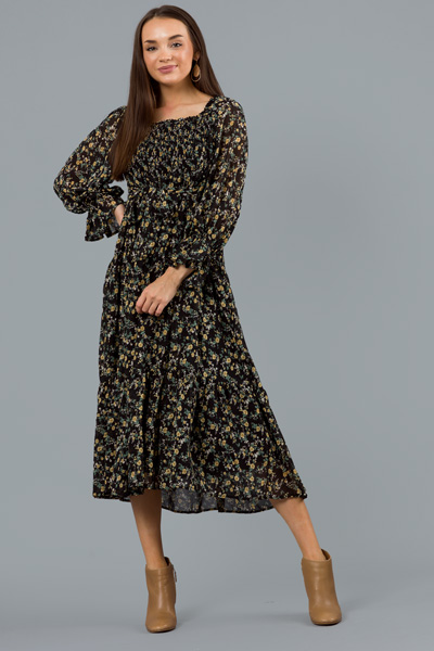 Daisy Floral Smock Maxi, Black