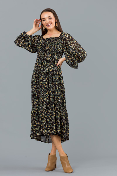 Daisy Floral Smock Maxi, Black