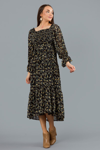 Daisy Floral Smock Maxi, Black