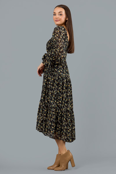 Daisy Floral Smock Maxi, Black