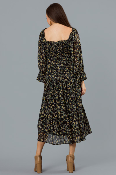 Daisy Floral Smock Maxi, Black