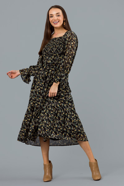 Daisy Floral Smock Maxi, Black