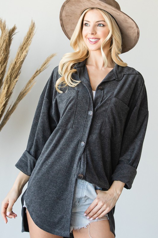 Knit Button Up Tunic, Charcoal