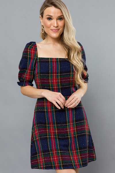 Holiday Plaid Dress, Navy/Red