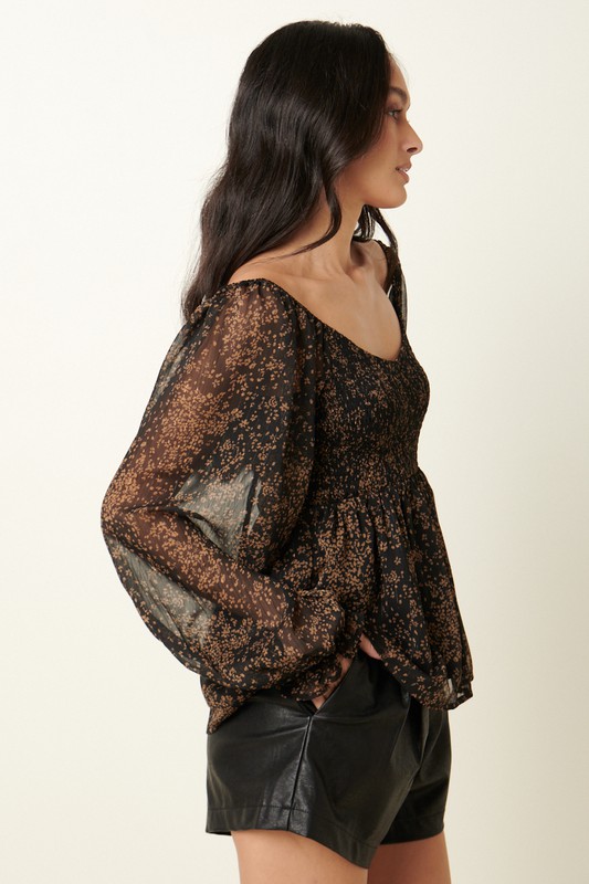 Smock Bodice Blouse, Black Floral