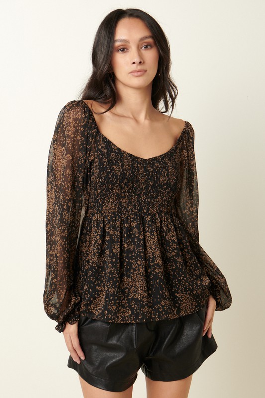 Smock Bodice Blouse, Black Floral