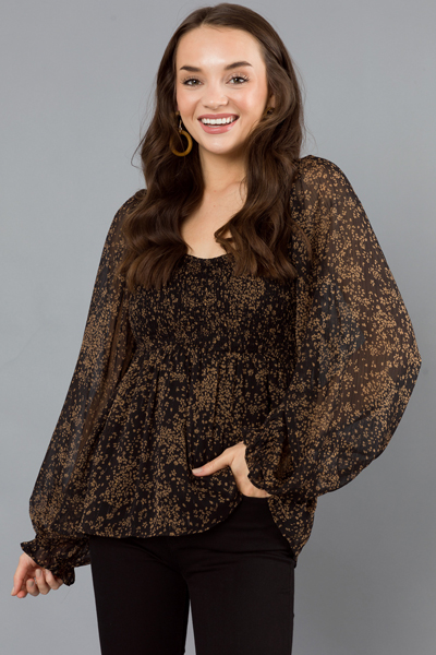 Smock Bodice Blouse, Black Floral