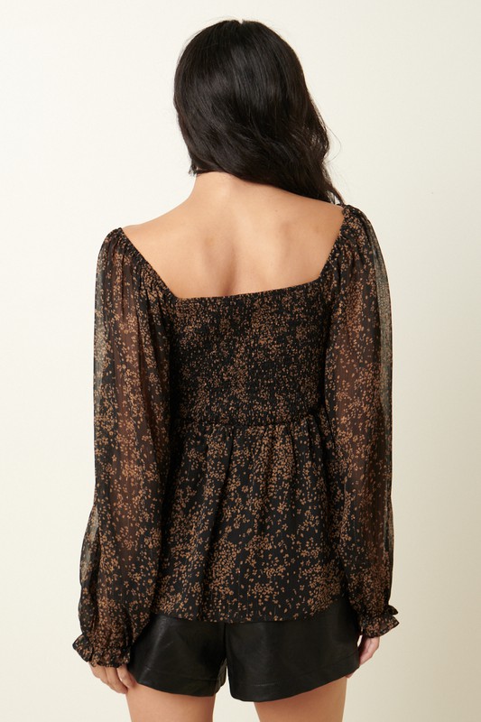 Smock Bodice Blouse, Black Floral