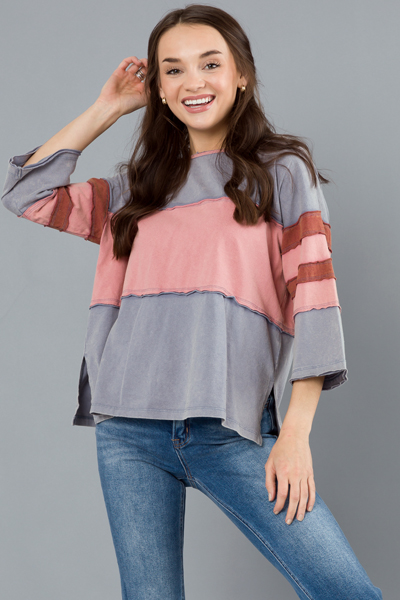 Casual Blocked Top, Blue/Mauve