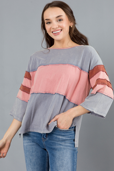 Casual Blocked Top, Blue/Mauve