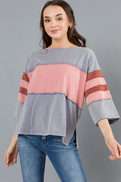 Casual Blocked Top, Blue/Mauve