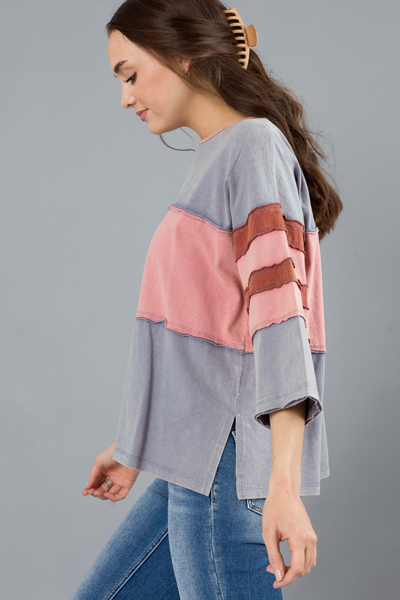 Casual Blocked Top, Blue/Mauve