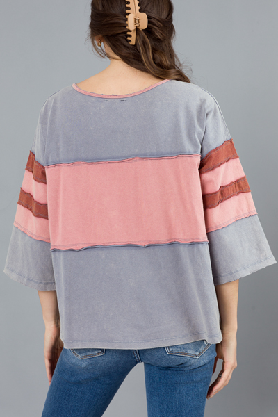 Casual Blocked Top, Blue/Mauve