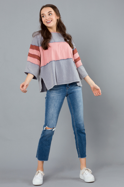 Casual Blocked Top, Blue/Mauve