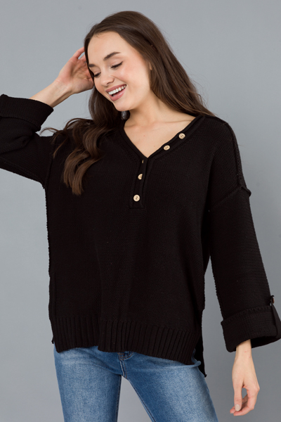 Button Henley Sweater, Black