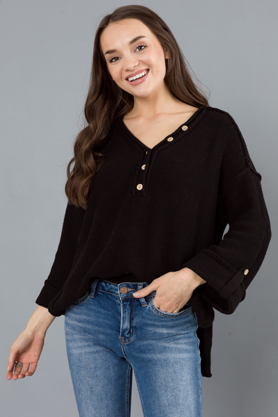 Button Henley Sweater, Black