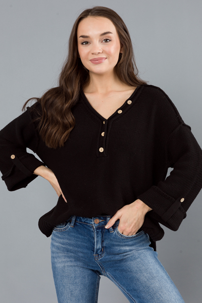 Button Henley Sweater, Black