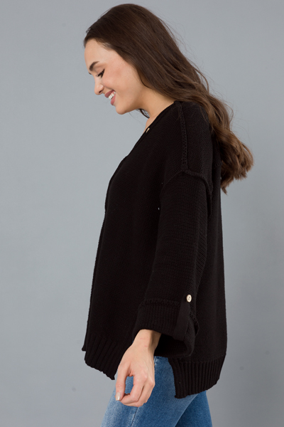 Button Henley Sweater, Black