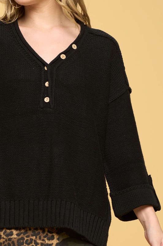 Button Henley Sweater, Black