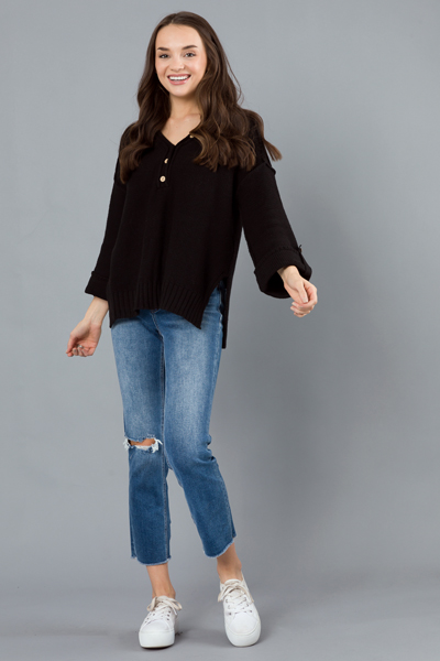 Button Henley Sweater, Black