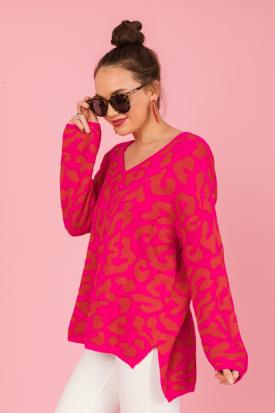 Cheetah Hi-Lo Sweater, Hot Pink/Red