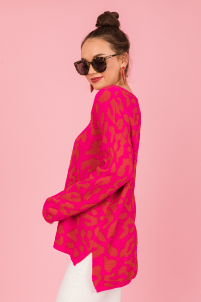 Cheetah Hi-Lo Sweater, Hot Pink/Red