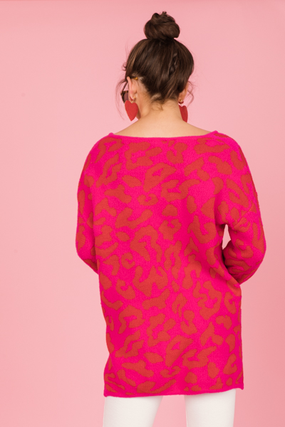 Cheetah Hi-Lo Sweater, Hot Pink/Red