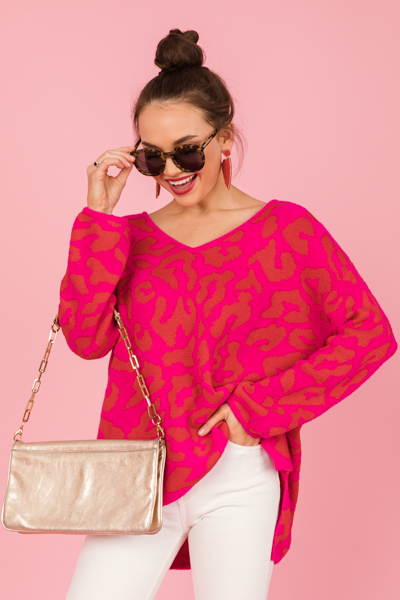 Cheetah Hi-Lo Sweater, Hot Pink/Red