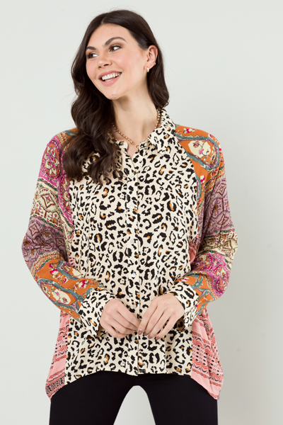 Leopard Mix Print Button Up